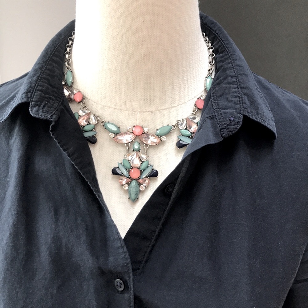 Pastel Bib Necklace Blue Green Pink Acrylic Glass Silver Tone Adjustable 21"